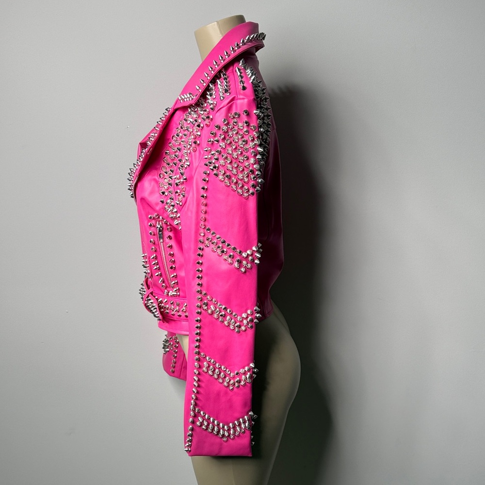 Studded Hot Pink Leather Biker Jacket - Picture 3 of 6